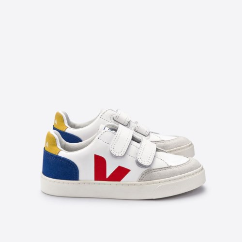 Veja V-12 Velcro Leather Kids Trainers White/Blue/Red UK 77966